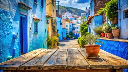Fototapeta premium Spring sunlight bathes Chefchaouen's blue medina. A perfect Easter background, wooden table included.