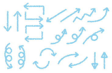 水色のクレヨン風の手書き矢印セット