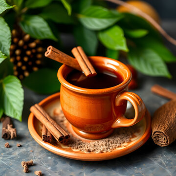 A bold and spicy Mexican caf&eacute; de olla with cinnamon sticks and piloncillo sugar in a handcrafted clay cup