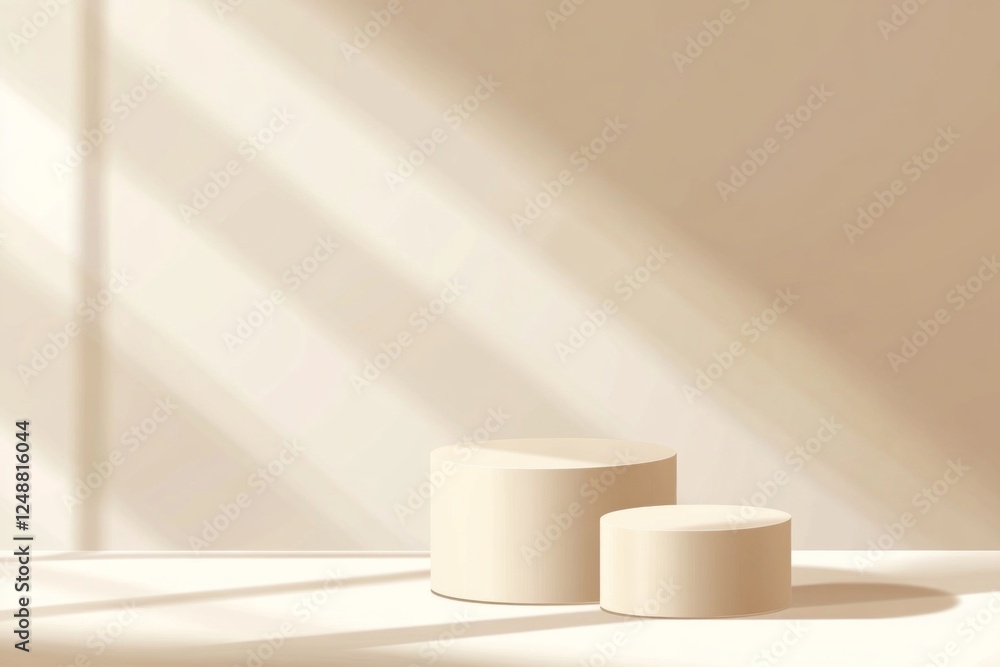 Poster elegant display with soft beige hues presents a contemporary product arrangement. light shadows crea