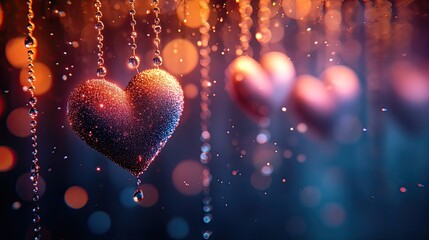 Shimmering hearts adorned with droplets hang in a dreamy atmosphere illuminated by soft bokeh lights