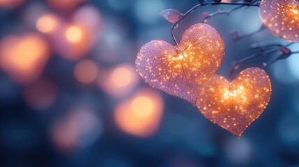 Glowing heart-shaped decorations hanging from branches, creating a magical ambiance at twilight