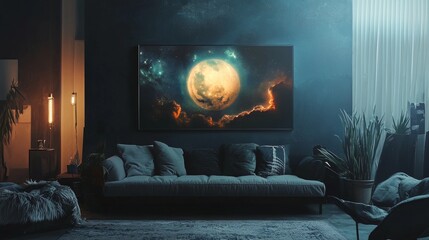 Futuristic living room with a digital planet display