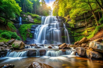 Fototapeta premium Stunning Corbett Falls cascades through lush Uttarakhand teak forests, a Himalayan bokeh masterpiece.