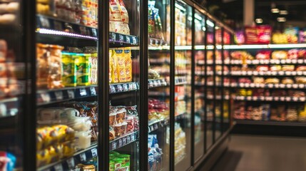 Obraz premium Refrigerated grocery store aisle filled with various products