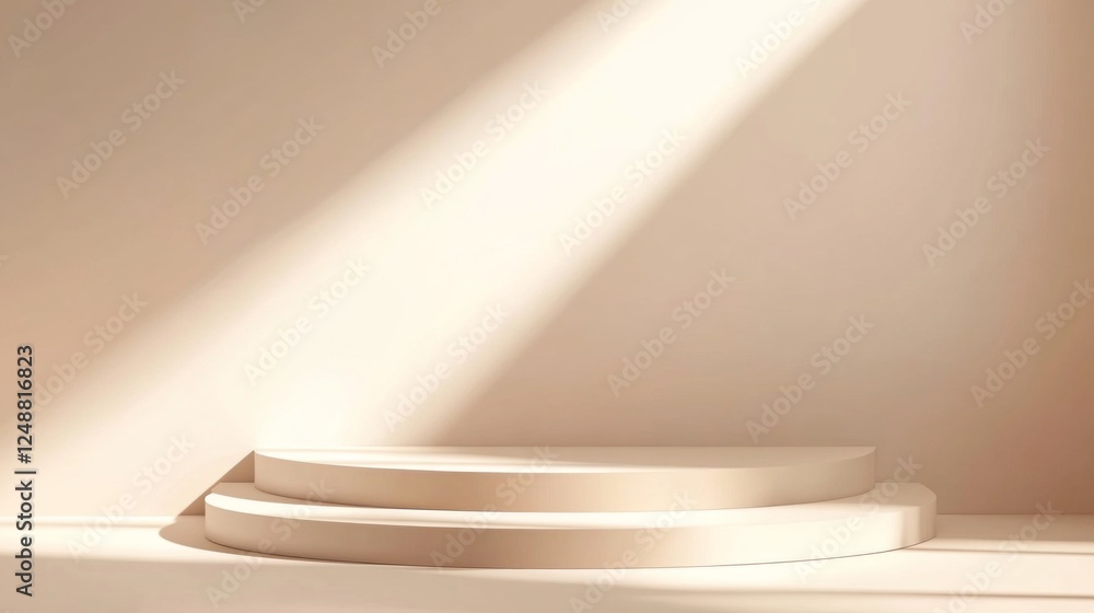Poster a minimalistic setting showcases a stylish podium illuminated by soft shadows and gentle lighting, p