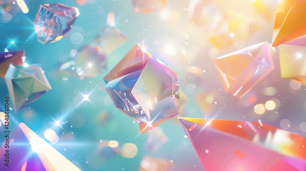 Poster abstract 3d render of glowing iridescent geometric shapes.