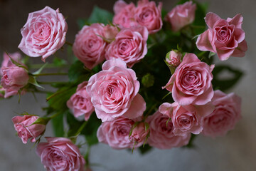 Bouquet of beautiful fresh pink roses. Flower gift for mother. Valentine's gift. Flower surprise with love. Flower delivery