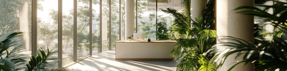 Fototapeta premium Modern Office Reception Area with Indoor Plants and Window View