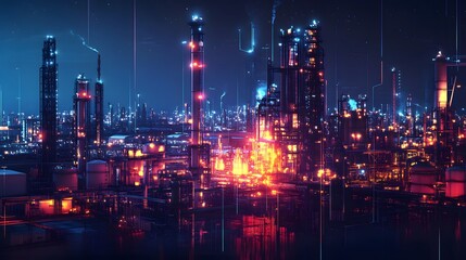 Fototapeta premium A city skyline with many buildings and a large body of water. The city is lit up at night, giving it a vibrant and lively atmosphere