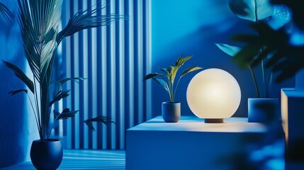 Futuristic blue-lit interior with plants and lamp