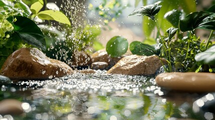 Naklejka premium Serene garden pond with small waterfall