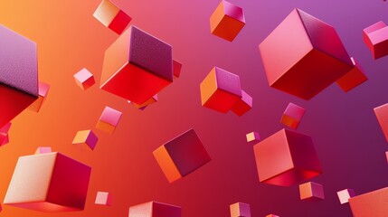 Abstract background of red and orange cubes floating in the air against a pink and orange background.