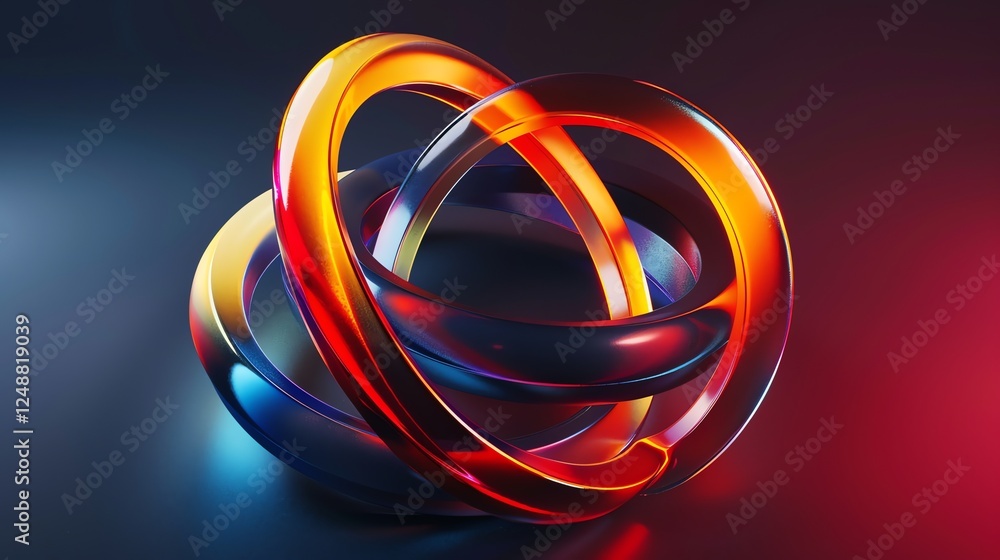 Poster a 3d rendering of three intertwining rings with a metallic sheen.