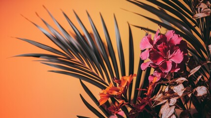 Tropical sunset with palm leaves and flowers