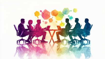 diverse team in colorful abstract meeting setting, collaborating creatively