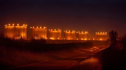 Fototapeta premium A row of oil tanks are lit up at night. The scene is dark and quiet, with only the lights from the tanks illuminating the area. The tanks are arranged in a row, with some closer to the foreground