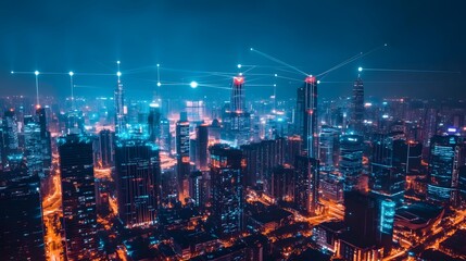 Fototapeta premium A city at night with many buildings and lights. The city is lit up and the sky is dark