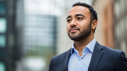 Fototapeta premium Business professional in a suit stands confidently in an urban setting during a bright day