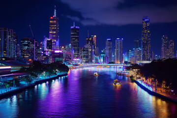 Naklejka premium City skyline at night, Vibrant city skyline at night, captivating 4K wallpaper with colorful lights and dynamic urban atmosphere