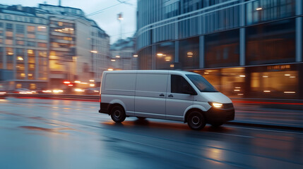 White modern cargo van driving city road for express delivery service, business logistics and distribution