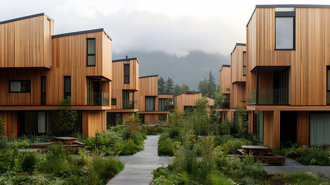 neighborhood with multiple passive houses featuring wooden facades and green landscaping 