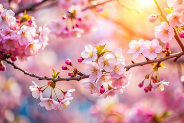 Fototapeta premium Tilt-shift photography captures miniature spring blossoms; pastel pink cherry trees in shallow focus.