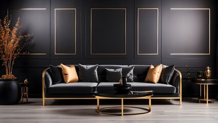 Luxury Table with Sofa Set in Living Room banner with empty space Without Text, Black luxury background, interior furniture design mockup, holiday banner poster background for advertisement ads
