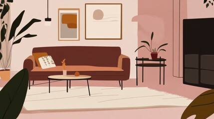 Elegant Living Room Interior Design with Cozy Sofa and Plants