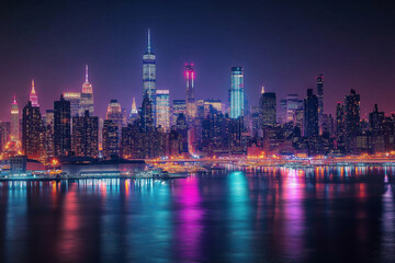 City skyline at night, Vibrant city skyline at night, captivating 4K wallpaper with colorful lights and dynamic urban atmosphere
