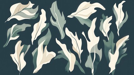 Abstract Botanical Leaf Pattern Design. A Modern and Artistic Floral Print with Cream and Green Leaves on Dark Background