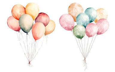 Watercolor illustration of a bundle of pastel balloons in soft shades. Perfect for birthday cards, party decorations, or branding. With delicate brush strokes and a light, air feel