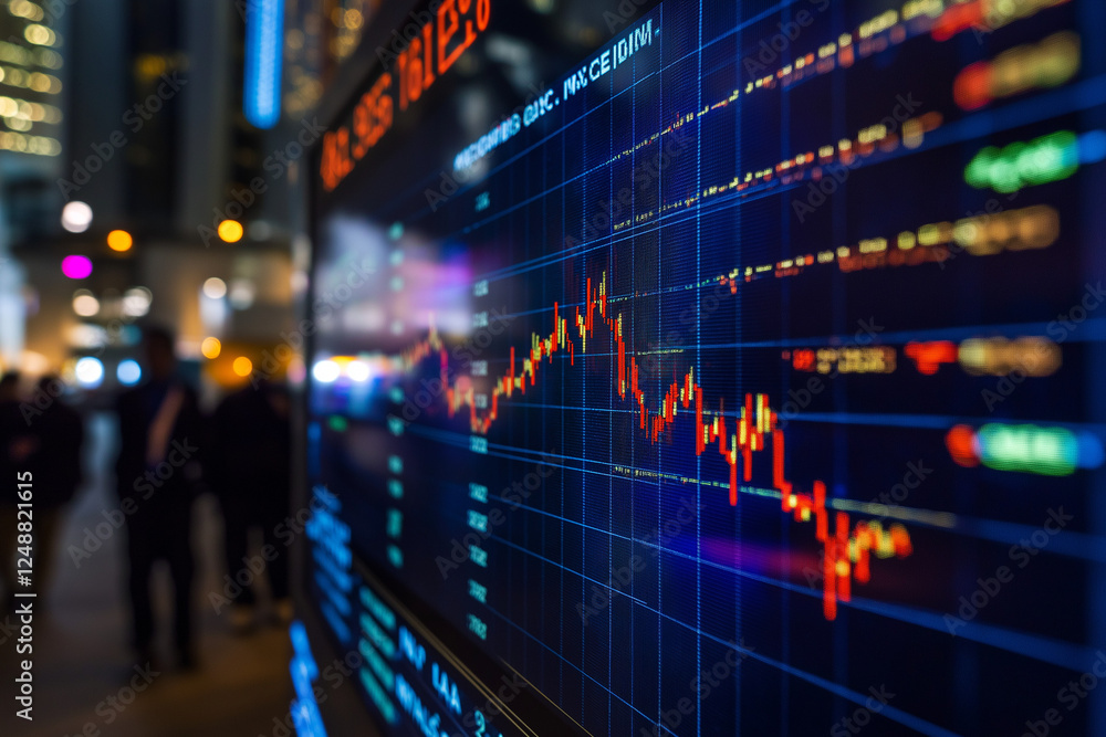 Poster digital stock market trading with rising graph analytics, illuminated financial data and market tren