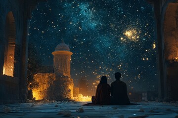 Couple stargazing ancient ruins, night