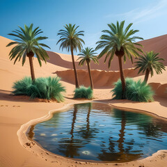 The vibrant palms stand in stark contrast to the dry, golden sands, providing much-needed shade and life to the surrounding area.