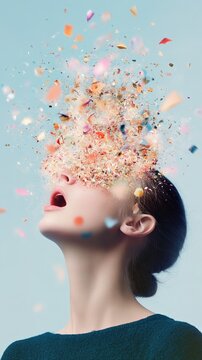 Young woman with an open mouth is experiencing an explosion of colorful thoughts and ideas, symbolizing information overload, burnout, or a creative outburst