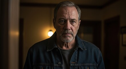 Obraz premium Portrait of Mature Man in Denim Jacket with Thoughtful Expression, Perfect for Lifestyle and Emotional Themes.