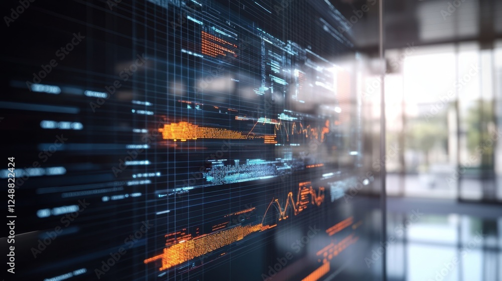 Poster digital interface displaying complex data analysis with graphs and charts. high tech environment emp