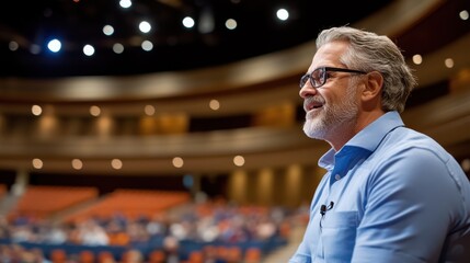 Fototapeta premium A speaker confidently addresses an attentive audience in a spacious auditorium, engaging listeners with meaningful insights and poised delivery.