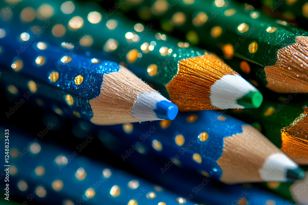 Poster close-up of sparkling color pencils in shades of blue and green, creating a textured and artistic co