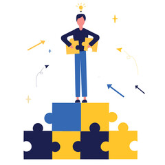 Business concept. Team metaphor. People connect puzzle elements. Flat illustration in flat design style. Teamwork, collaboration, partnership. Businessmen working together and moving towards success.