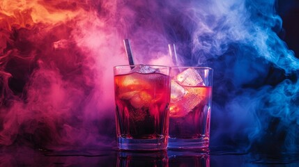 Cocktail glass with dramatic colorful smoke