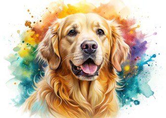 Vibrant watercolor Golden Retriever portrait, playful splash art in a colorful canine landscape.