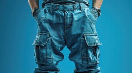 Man wearing blue shirt and baggy jeans standing with copy space for text in realistic photography