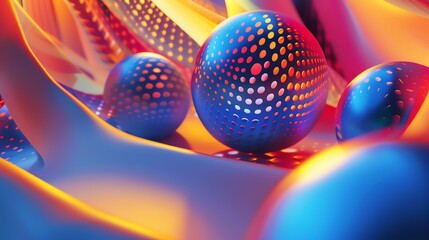 Abstract background with colorful, glowing, spheres and geometric shapes.