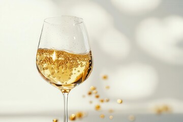 a crystalline wine glass filled with golden champagne, floating bubbles rising against pure white backdrop, dramatic side lighting, hyper-realistic