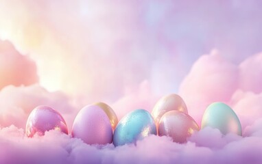 Dreamy mockup background with space for text designed with an abstract cloud-like effect combined with Easter eggs in pearlescent hues for Easter