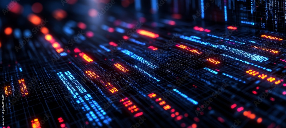 Poster abstract technology background with glowing lines of code in red and blue, data flow concept