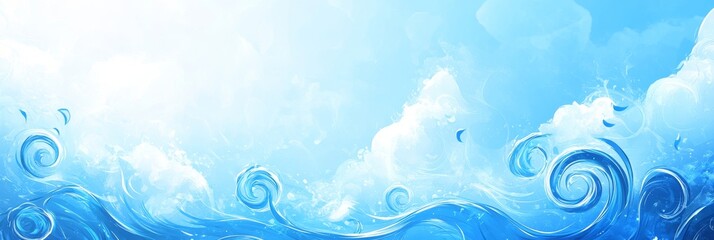 Abstract Blue Watercolor Background with Swirling Shapes Depicting Ocean Waves and Cloudy Sky