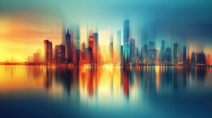 Stunning City Skyline at Sunrise/Sunset with Vibrant Colors and Reflections